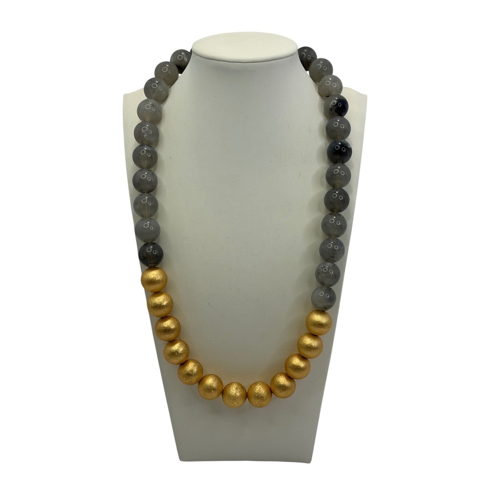Grey Stone and Textured Gold Beaded Statement Necklace Adjustable Boho Y2K Retro